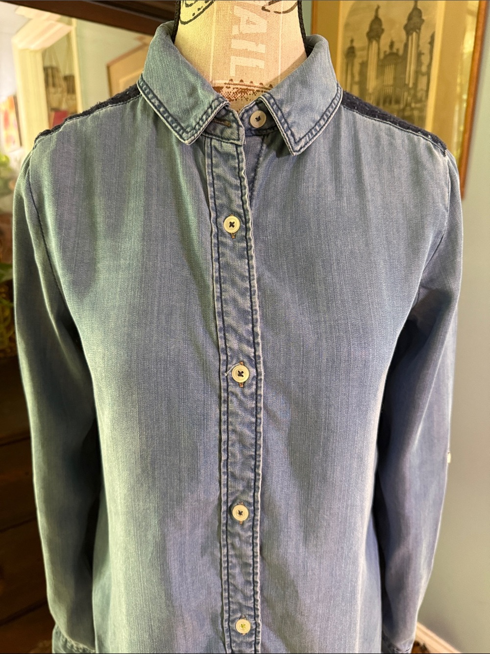 Holding Horses Anthropologie Chambray Blue Embroidered Button Down Shirt XS - Picture 3 of 15